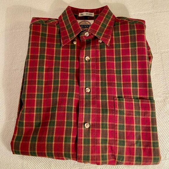 Mens Casual Button Down Cotton Shirt SAVANE Size S RED Olive Checks Long Sleeves - Picture 1 of 7